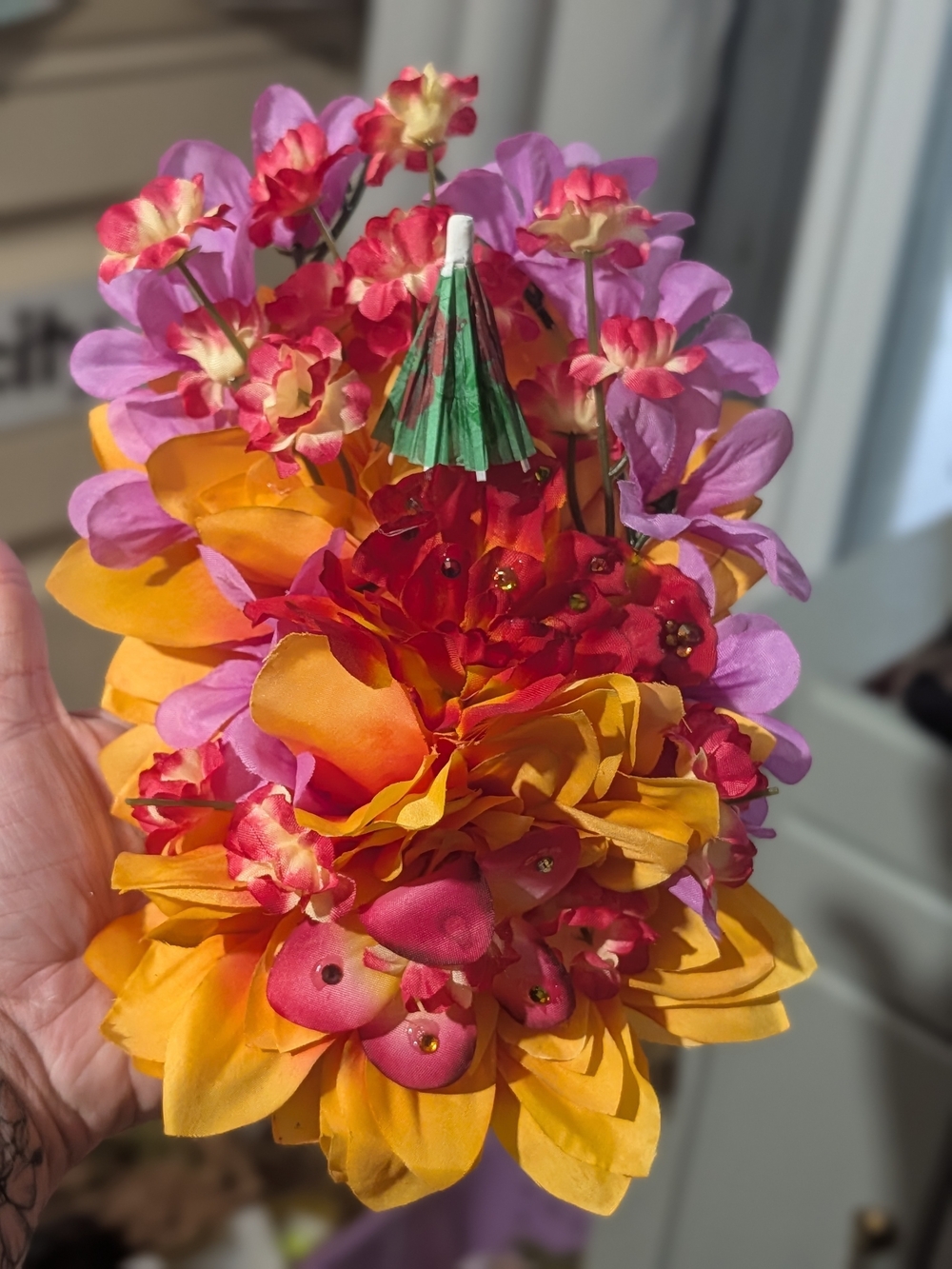 Handcrafted Tropical Floral Hair Clip in Orange, Purple & Red